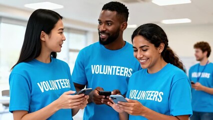 A diverse group of young volunteers using smartphones and smiling together. Multiethnic team in matching blue shirts coordinating a charity event. Teamwork and community service concept
