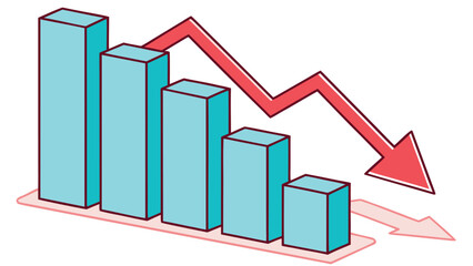 Business Downturn Concept: Decreasing Bar Chart on Easel with Red Downward Arrow Vector