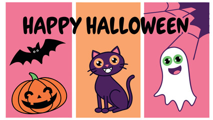Cute Happy Halloween Cartoon Card Set: Purple Cat, Smiling Ghost, Jack-o'-Lantern, and Bat Vector Poster