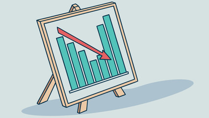 Business Downturn Concept: Decreasing Bar Chart on Easel with Red Downward Arrow Vector