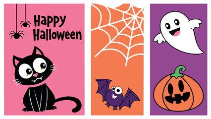  Halloween Vertical Card Set: Cute Black Cat, Smiling Ghost, and Spider Web Banner Templates