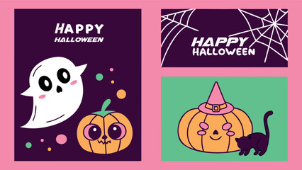 Vibrant Happy Halloween Card Set: Kawaii Ghost, Cute Pumpkin with Witch Hat, and Black Cat Design