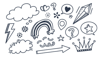 Mega Doodle Collection: Hand Drawn Crown, Gemstone, Rainbow, and Speech Bubbles Sketch Elements