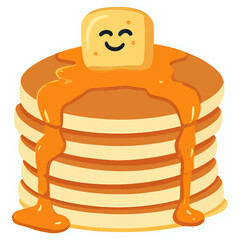 Stack of Happy Pancakes Dripping with Syrup and Smiling Butter | Cute Kawaii Pancake Pile with Sweet Expression | Adorable Breakfast Stack with Melting Butter Face | Charming Cartoon Pancakes