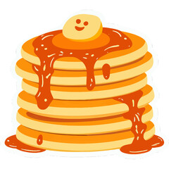 Stack of Happy Pancakes Dripping with Syrup and Smiling Butter | Cute Kawaii Pancake Pile with Sweet Expression | Adorable Breakfast Stack with Melting Butter Face | Charming Cartoon Pancakes