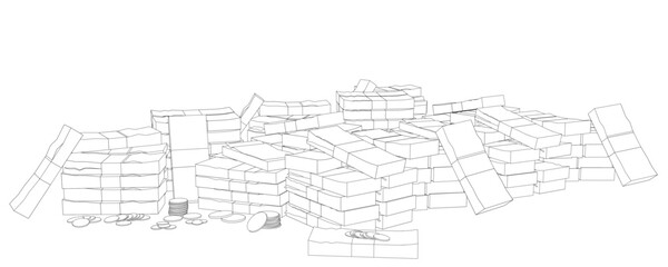A black and white contour drawing of a neat stack of boxes with scattered coins. This minimalist illustration represents money, savings, and financial concepts.