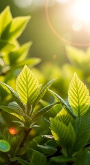 Close up of vibrant green leaves under bright sunlight copy space available