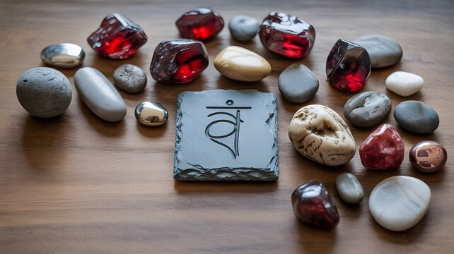 Root Chakra (Muladhara) Flatlay on Earthy Ground Sacral Chakra Symbol on Stone with Crystals and Stones Arrangeme
