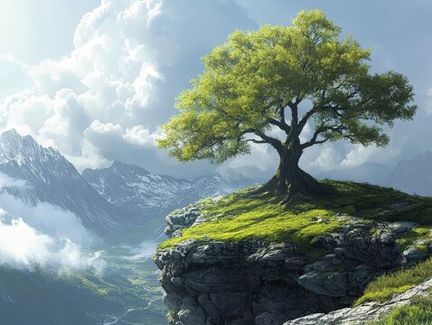 A solitary tree on a cliff overlooking a valley with mountains and clouds in the background scenery view