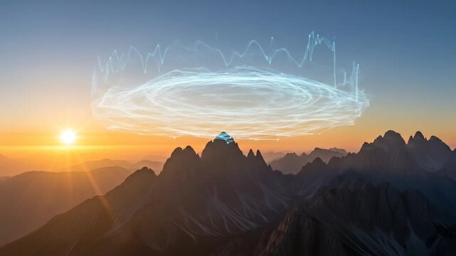 Abstract data visualization of energy field over mountain landscape at sunset  a beautiful nature