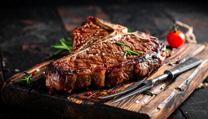 Juicy T-bone Steak on Wooden Board with Rosemary and Tomato.