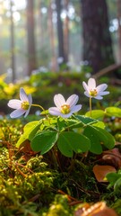 Delicate Wood Sorrel Flowers Blooming in a Forest Glade.