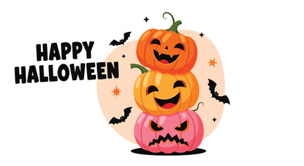 Stack of Halloween Pumpkins with Bats and Festive Greeting