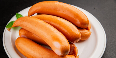 Sausage meat pork or chicken meat fast food natural tasty appetizer fresh delicious gourmet food background on the table rustic top view copy space