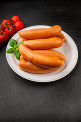 Sausage meat pork or chicken meat fast food natural tasty appetizer fresh delicious gourmet food background on the table rustic top view copy space