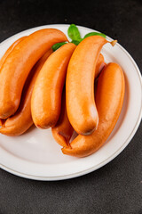 Sausage meat pork or chicken meat fast food natural tasty appetizer fresh delicious gourmet food background on the table rustic top view copy space