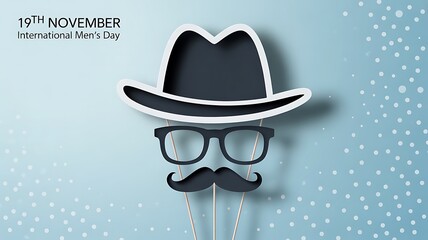 International mens day greeting card with hat, mustache, and glasses on blue background