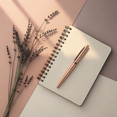 Overhead view of notebook with pen and dried lavender flowers for creative inspiration illustration