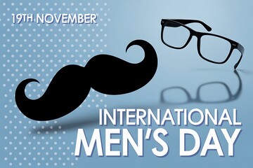 International mens day greeting card with mustache and glasses on blue background