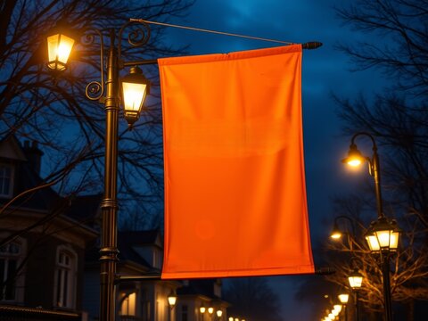 Vibrant orange flag hanging from lamp post at night with soft bokeh lights