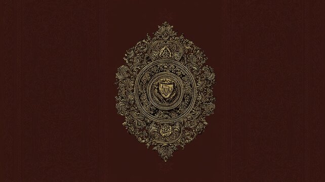 Ornate decorative emblem with intricate patterns and central shield on dark background