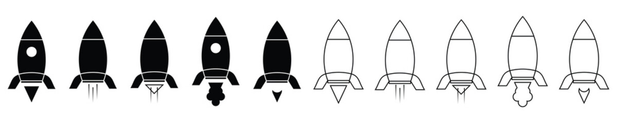 Set of rocket vector icons. Launch spaceship or spacecraft. Rocket fast flying for space. New business start up outline.eps