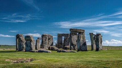 Naklejka premium Ancient stone structure silhouetted against a clear blue sky on a sunny day