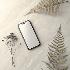 Modern smartphone displaying blank screen amidst dried botanicals top down view illustration