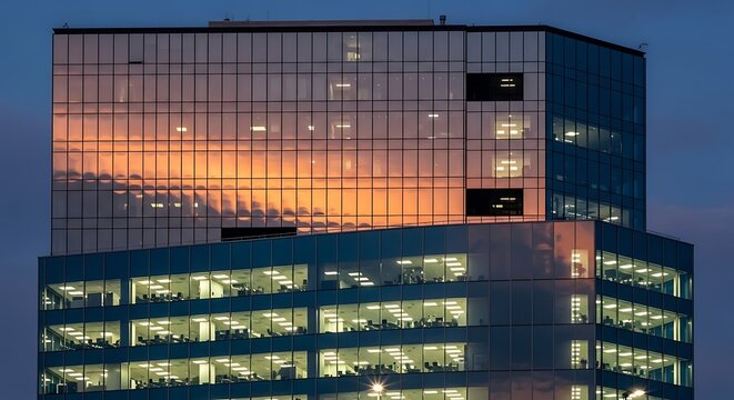Skyscraper reflecting sunset skies against the twilight, urban architecture