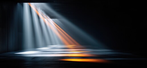 Dark space with angled illumination and reflective surfaces, suggesting depth, tension, and futuristic elegance.