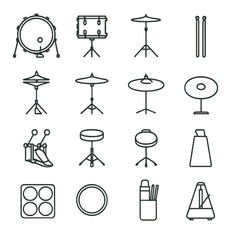 Drum equipment linear icon set. featuring kick, snare, hi-hat, cymbal, sticks, pedal, stool, and metronome symbols