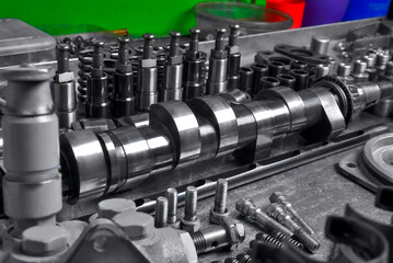 diesel engine fuel pump repair engine parts and components lying on a bench ready for installation