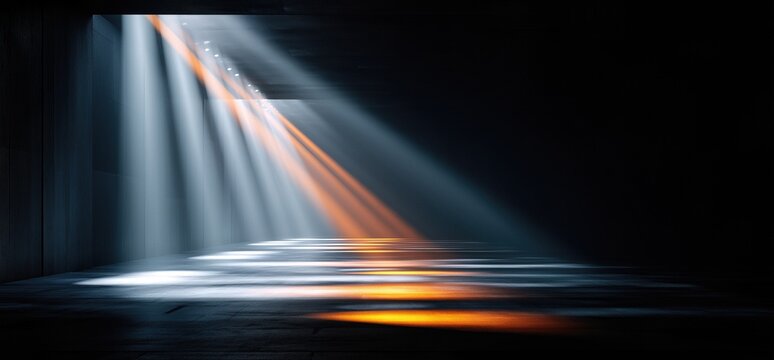 Dark space with angled illumination and reflective surfaces, suggesting depth, tension, and futuristic elegance.