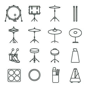 Drum equipment linear icon set. featuring kick, snare, hi-hat, cymbal, sticks, pedal, stool, and metronome symbols
