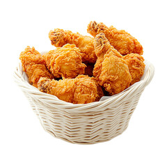 Crispy golden fried chicken drumsticks in a woven basket Isolated transparent on white background