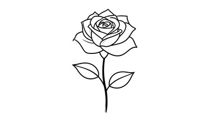 Line art illustration of a blooming rose with a stem and two leaves. Outlined petals create a detailed floral image on a white background