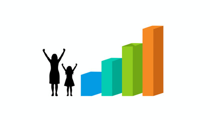 Woman and Child Celebrate Financial Growth Next to Ascending 3D Bar Chart, Symbolizing Investment Success and Achievement