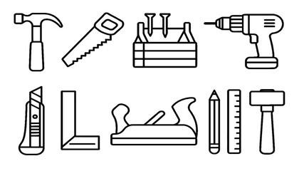 Hand tools line icons set — construction, repair, and woodworking equipment illustration
