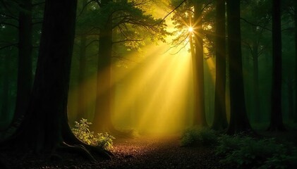 Naklejka premium Sunbeams Illuminate Dense Forest Floor, Magical Dappled Light, Summer Nature Landscape