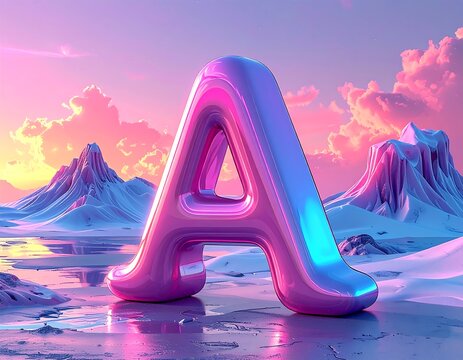 Large, glossy letter A floats on a reflective surface, mountainous background, bathed in pastel pinks and blues