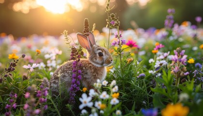 A tiny rabbit among colorful wildflowers with soft sunlight in a natural meadow