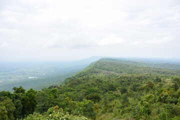 Fototapeta premium Vast, forested mountains overlook a valley under a cloudy sky.