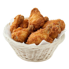 Crispy golden fried chicken drumsticks in a woven basket Isolated transparent on white background
