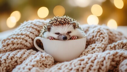 A tiny hedgehog sleeping inside a teacup with warm soft lighting and a cozy atmosphere