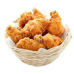 Crispy golden fried chicken drumsticks in a woven basket Isolated transparent on white background