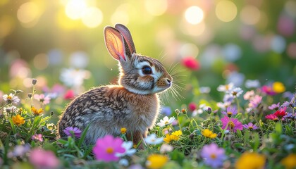 A small rabbit standing among wildflowers in golden sunlight with a soft natural background
