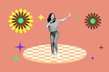 Creative art collage of people standing think on blue background with light bulb painting