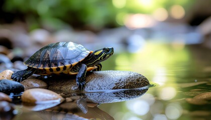 A small turtle resting on a smooth pebble by a stream under soft natural sunlight