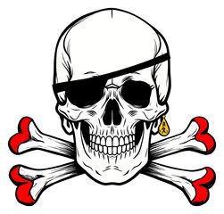 Pirate skull and crossbones vector illustration with an eye patch and gold earring isolated on white background
