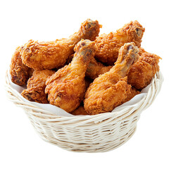Crispy golden fried chicken drumsticks in a woven basket Isolated transparent on white background